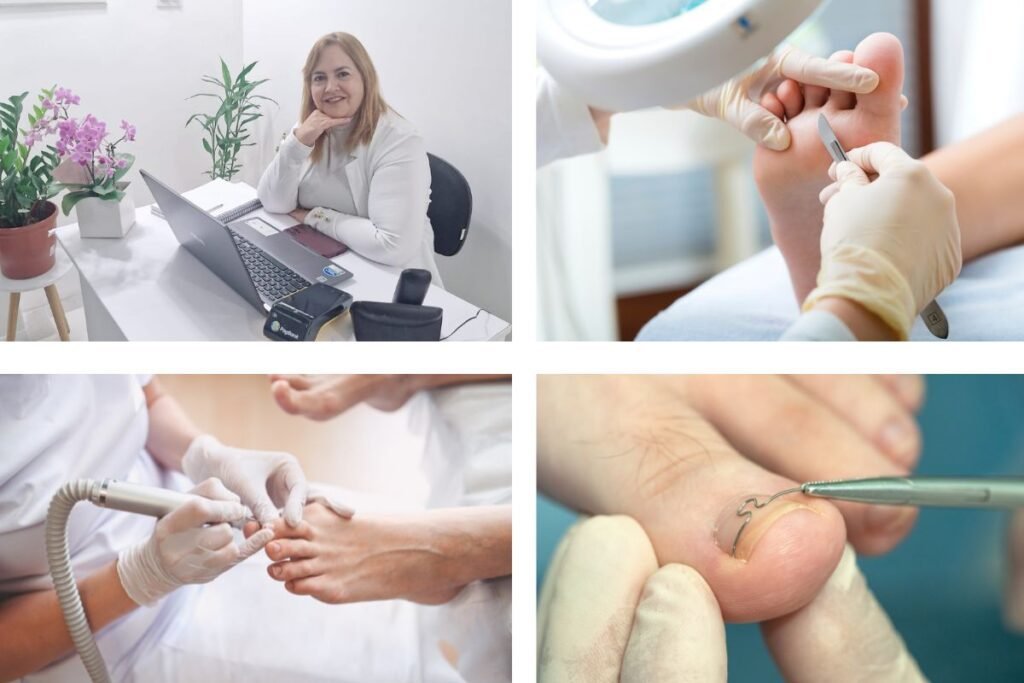 Irene Fênix realizando tratamento de podologia em cliente.